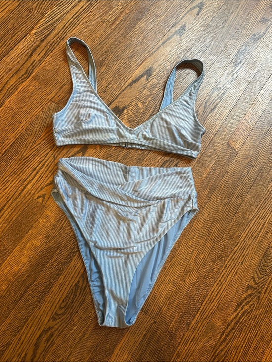 aerie Other - Aerie Blue Ribbed Shimmer Swimsuit high cut cheeky SET